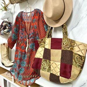 Artisan patchwork large vintage tote/weekender/travel bag w cabin cottage vibe